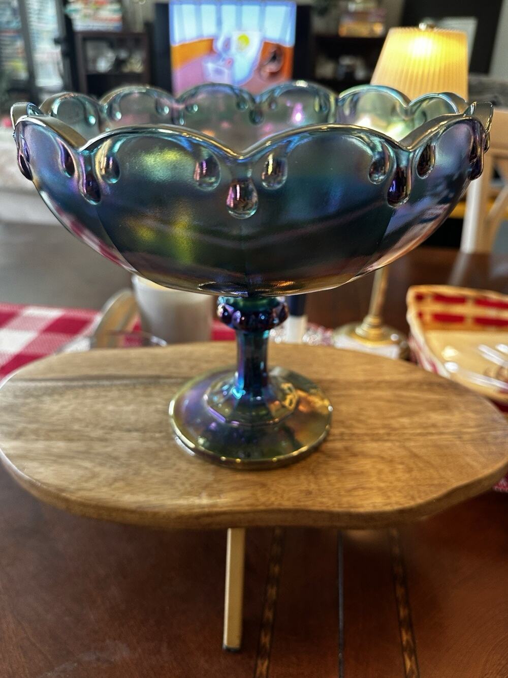 VTG Iridescent Blue Carnival Teardrop Garland #2892 Compote, Indiana Glass